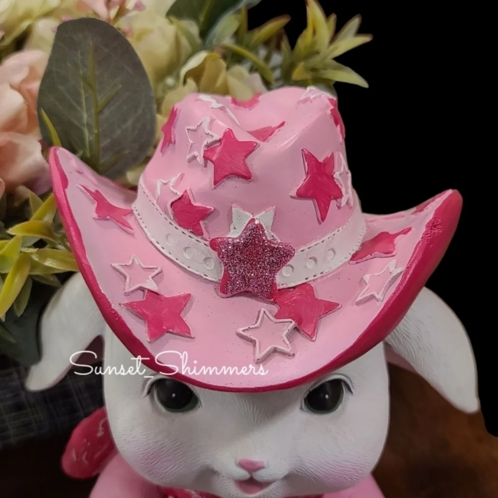 Easter Bunny Girl Sparkly Pink Cowboy Hat Overalls bandana Playing Guitar New